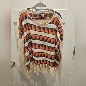 Hot & Delicious Geometric Fringe Hem Sweater M/L Orange Navy Cream Boho Knit Pul